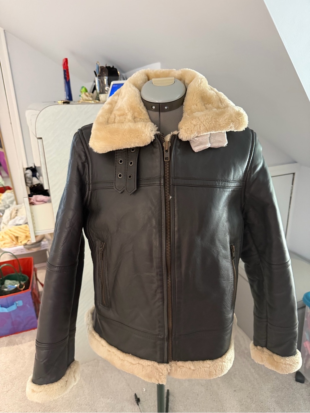 Black Leather Bomber Jacket with Cream Shearling Collar